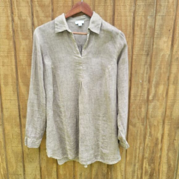 J Jill Love Linen Muted Green 100% Linen Collared V Neck Tunic Womens Size M - Picture 1 of 12